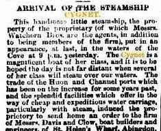 Announcement of her arrival in Hobart